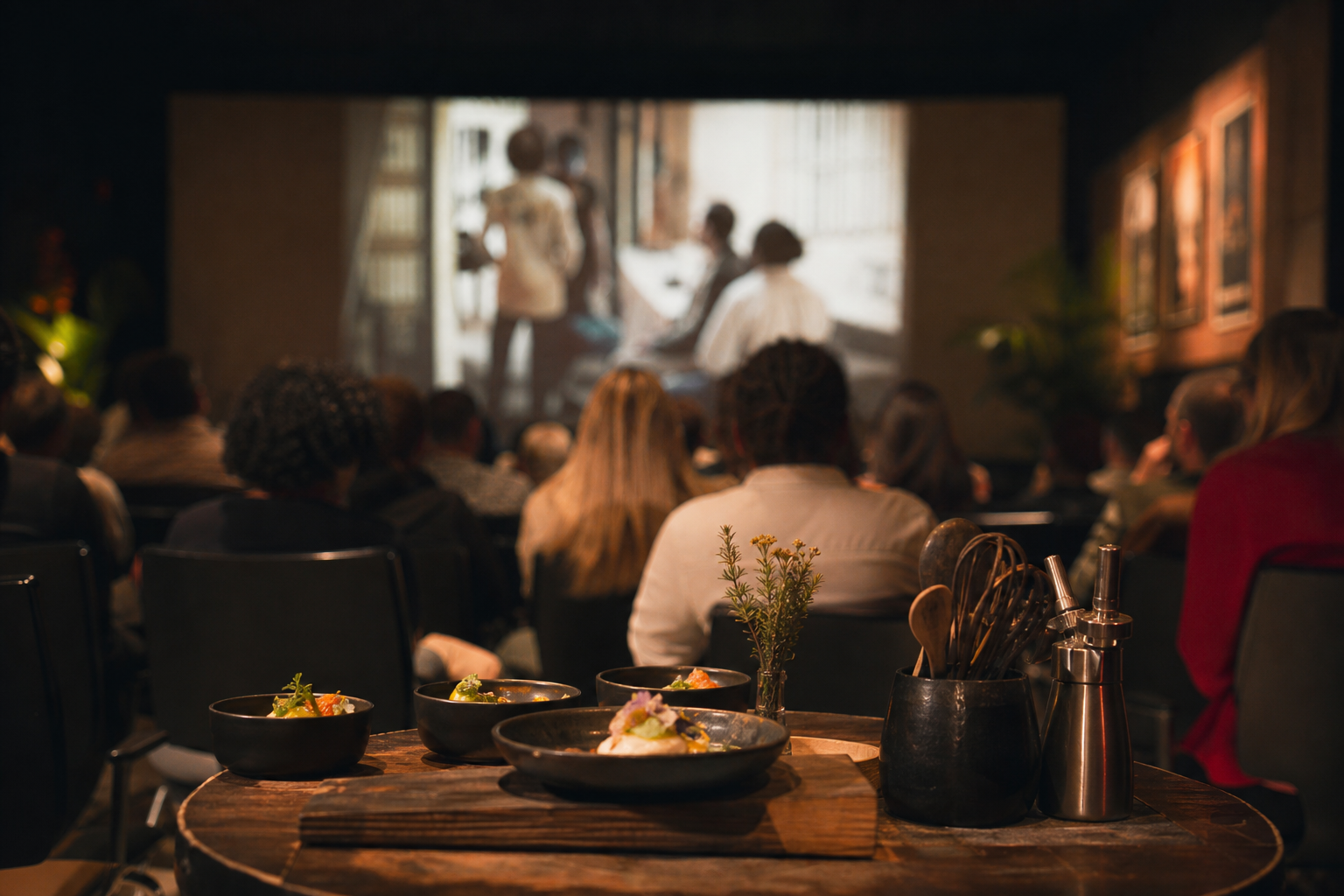 Público acompanha sessão de cinema em espaço cultural com mesa de degustação em primeiro plano