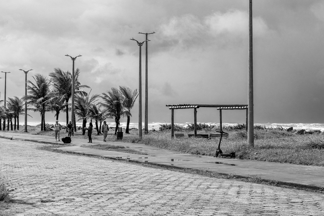 Calçadão da orla de Peruíbe, com palmeiras e o mar ao fundo, sob céu nublado.